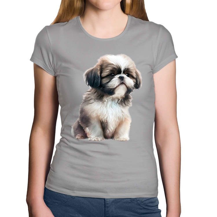 Baby Look Algodão Cachorro Shih Tzu Filhote - Cinza