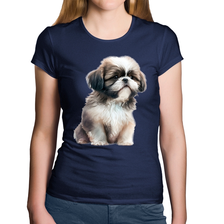 Baby Look Algodão Cachorro Shih Tzu Filhote - Marinho