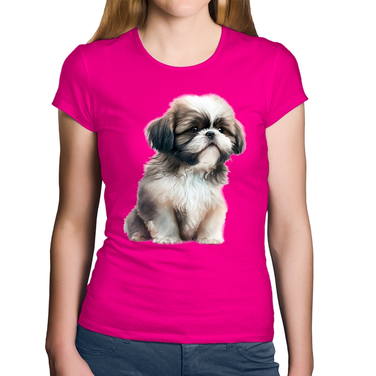 Baby Look Algodão Cachorro Shih Tzu Filhote - Rosa