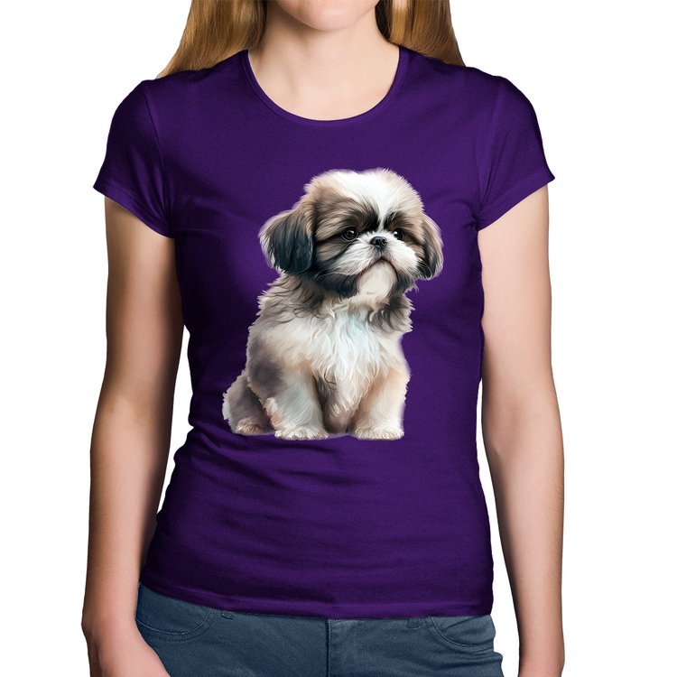 Baby Look Algodão Cachorro Shih Tzu Filhote - Roxa