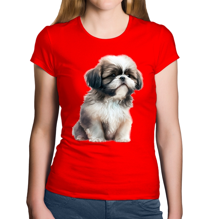 Baby Look Algodão Cachorro Shih Tzu Filhote - Vermelha