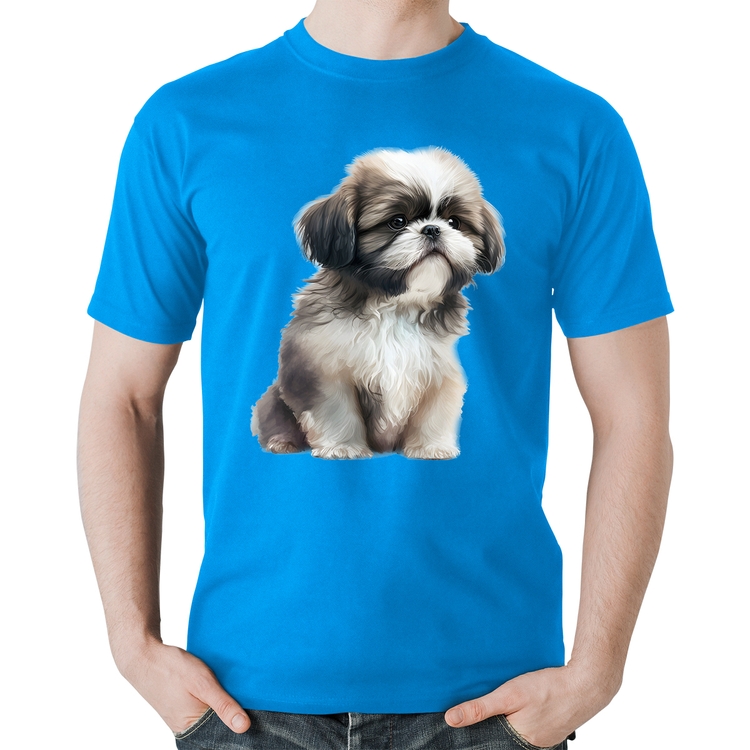 Camiseta Algodão Cachorro Shih Tzu Filhote - Azul