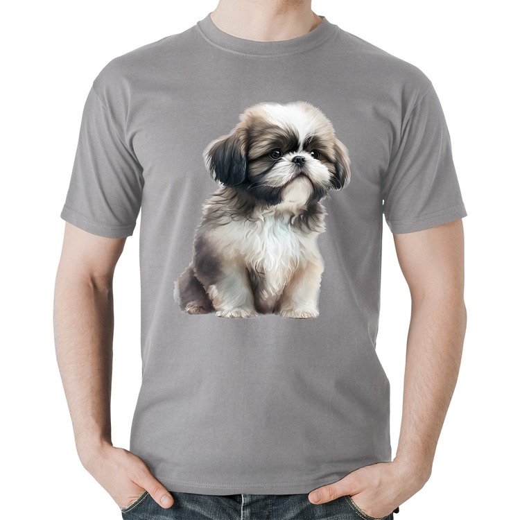 Camiseta Algodão Cachorro Shih Tzu Filhote - Cinza