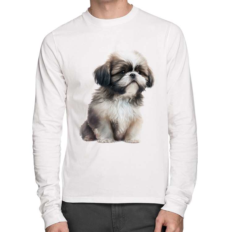 Camiseta Algodão Cachorro Shih Tzu Filhote Manga Longa - Branca