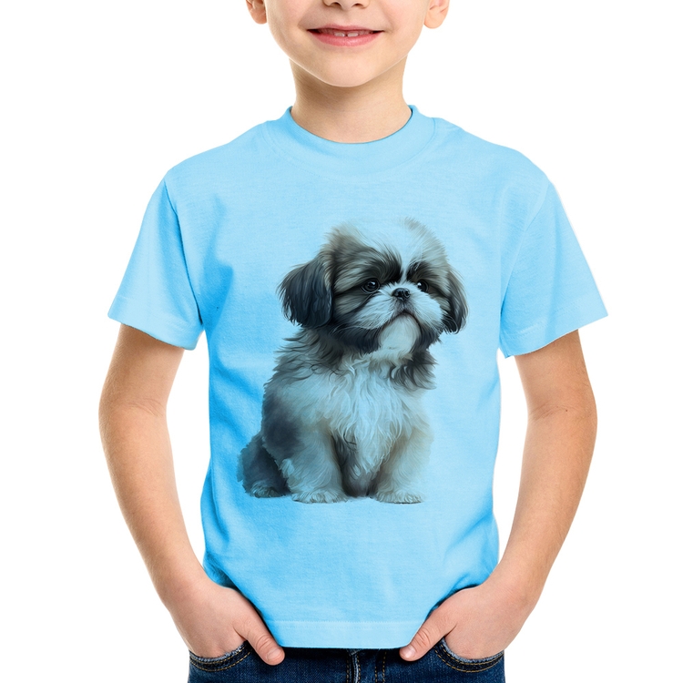 Camiseta Infantil Cachorro Shih Tzu Filhote - Azul Bebê