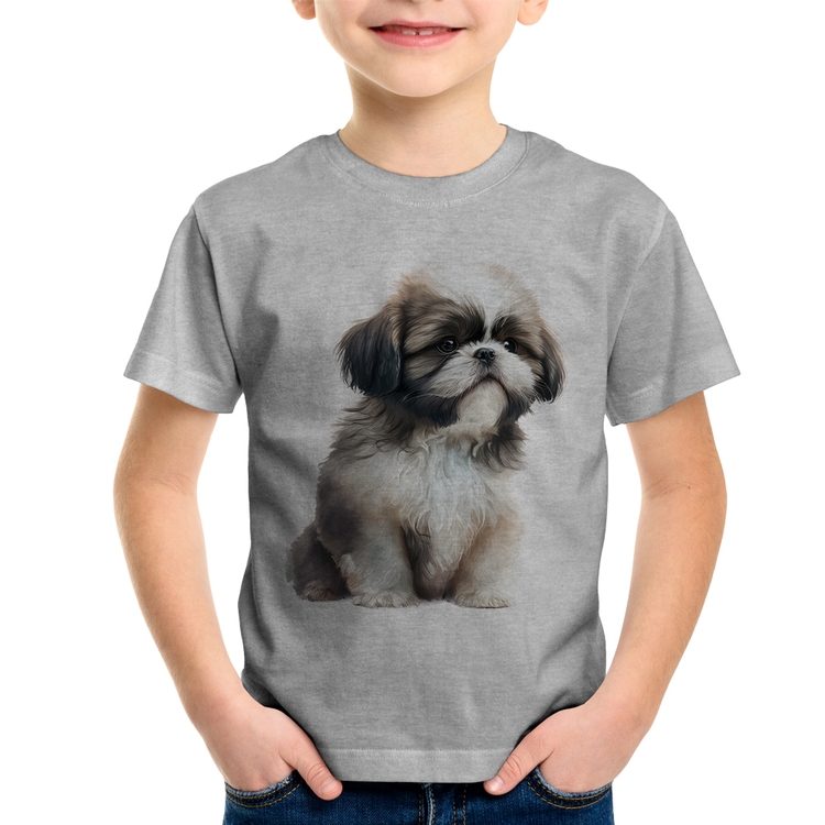Camiseta Infantil Cachorro Shih Tzu Filhote - Cinza