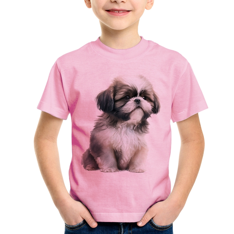 Camiseta Infantil Cachorro Shih Tzu Filhote - Rosa Bebê