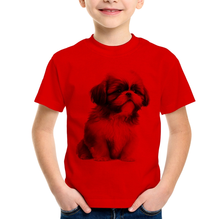 Camiseta Infantil Cachorro Shih Tzu Filhote - Vermelha