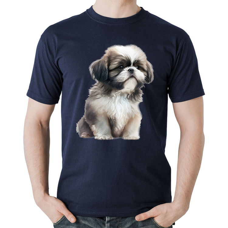 Camiseta Algodão Cachorro Shih Tzu Filhote - Marinho