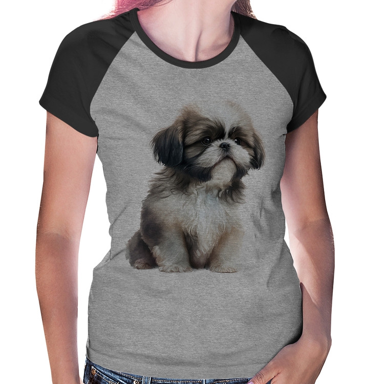 Baby Look Raglan Cachorro Shih Tzu Filhote - Cinza/Preto