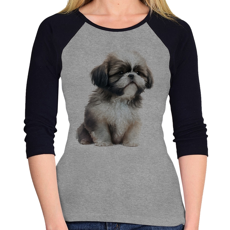 Baby Look Raglan Cachorro Shih Tzu Filhote Manga 3/4 - Cinza/Preto