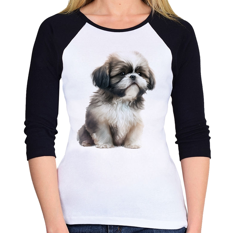 Baby Look Raglan Cachorro Shih Tzu Filhote Manga 3/4