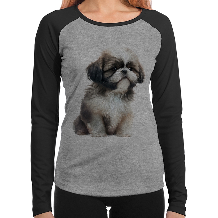 Baby Look Raglan Cachorro Shih Tzu Filhote Manga Longa - Cinza/Preto