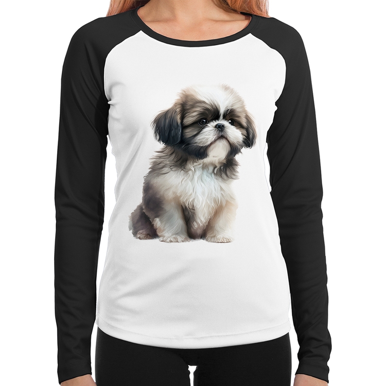 Baby Look Raglan Cachorro Shih Tzu Filhote Manga Longa