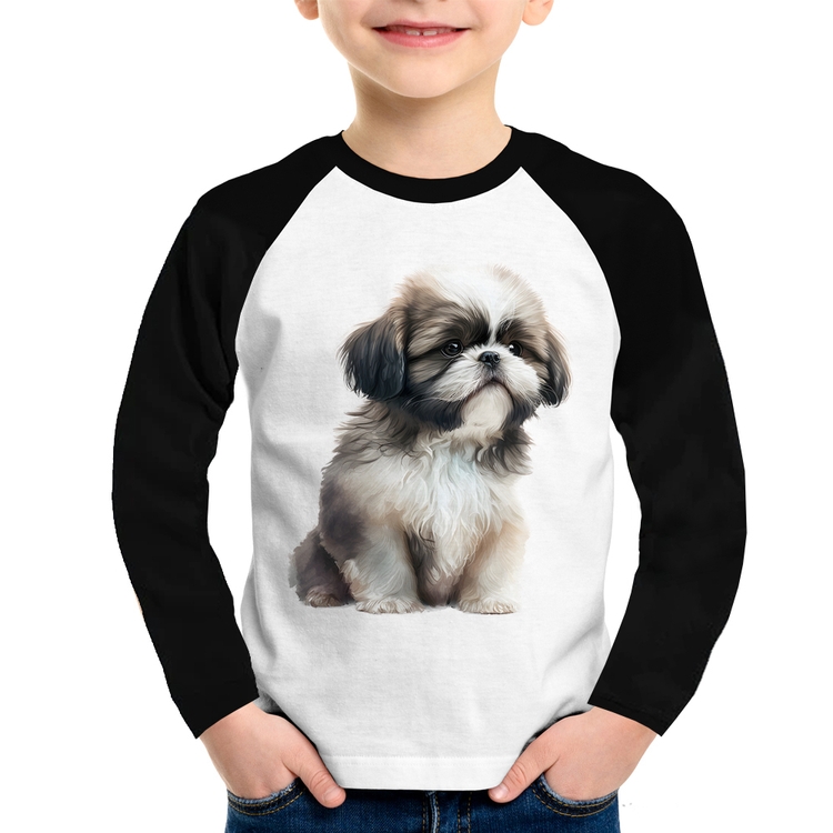 Camiseta Raglan Infantil Cachorro Shih Tzu Filhote Manga Longa