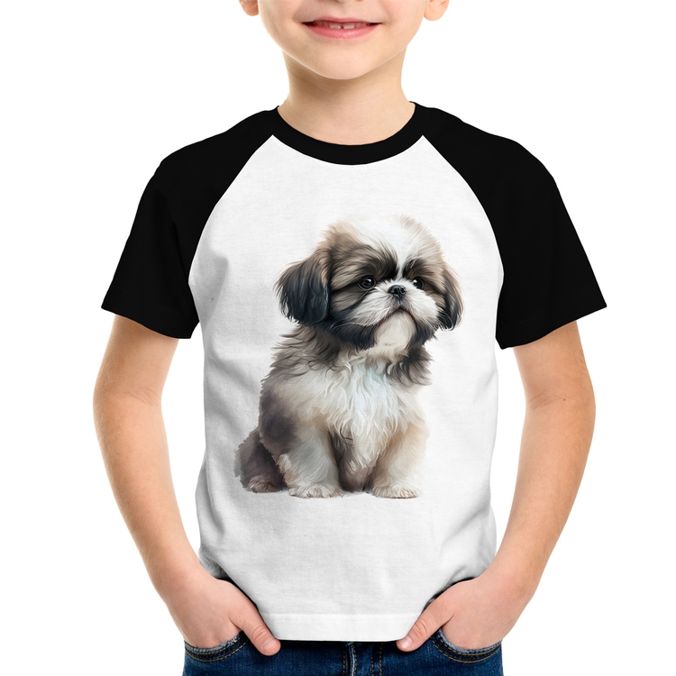 Camiseta Raglan Infantil Cachorro Shih Tzu Filhote