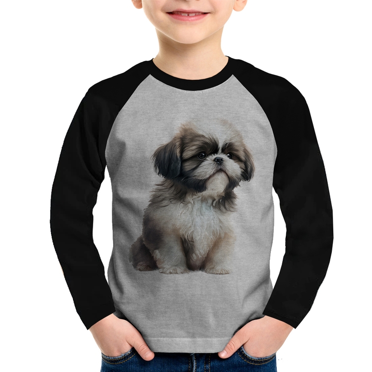 Camiseta Raglan Infantil Cachorro Shih Tzu Filhote Manga Longa - Cinza/Preto