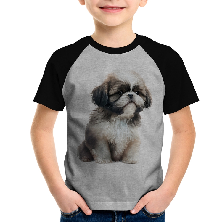 Camiseta Raglan Infantil Cachorro Shih Tzu Filhote - Cinza/Preto