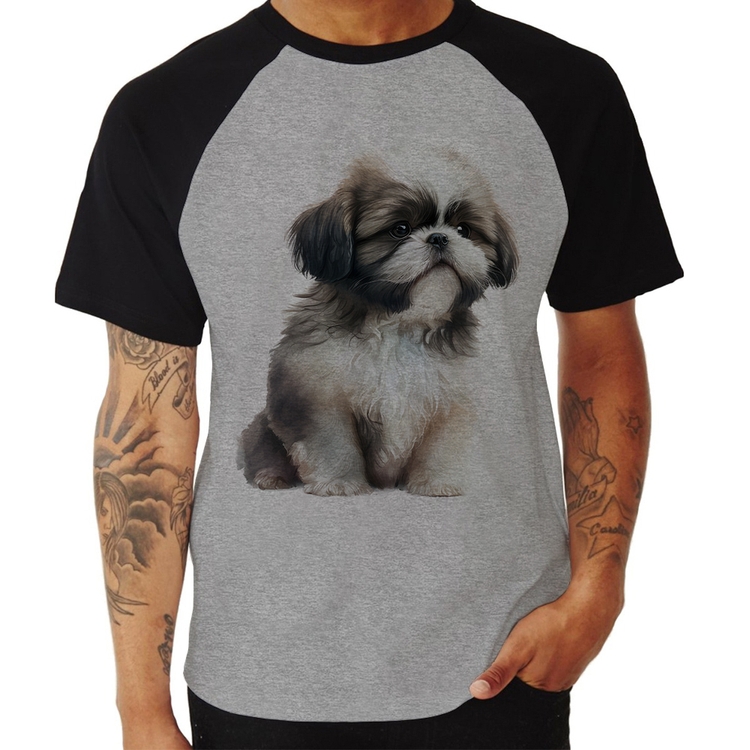 Camiseta Raglan Cachorro Shih Tzu Filhote - Cinza/Preto