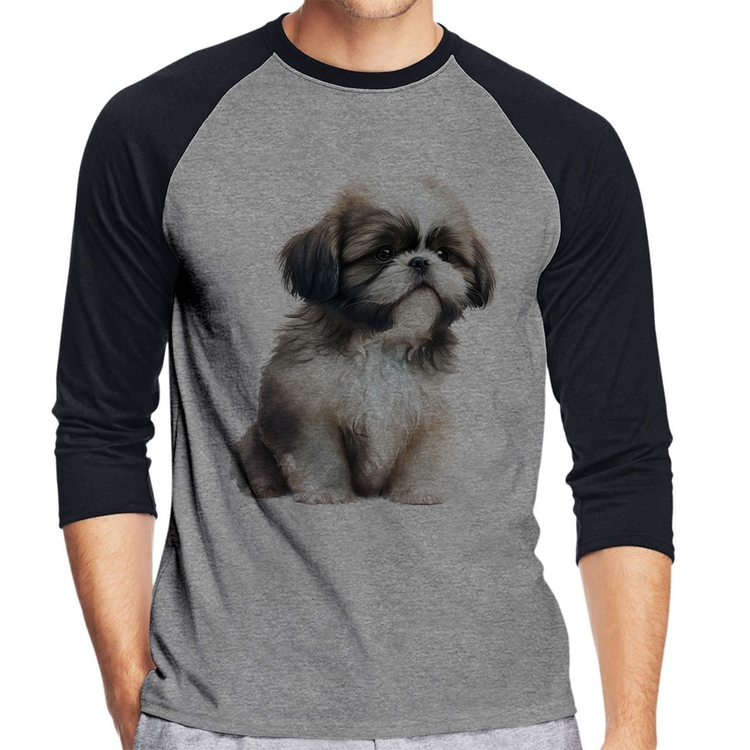 Camiseta Raglan Cachorro Shih Tzu Filhote Manga 3/4 - Cinza/Preto