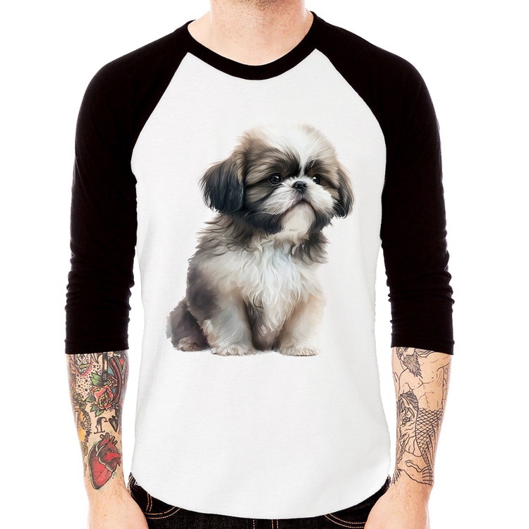 Camiseta Raglan Cachorro Shih Tzu Filhote Manga 3/4