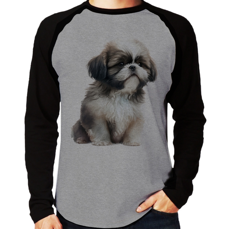 Camiseta Raglan Cachorro Shih Tzu Filhote Manga Longa - Cinza/Preto