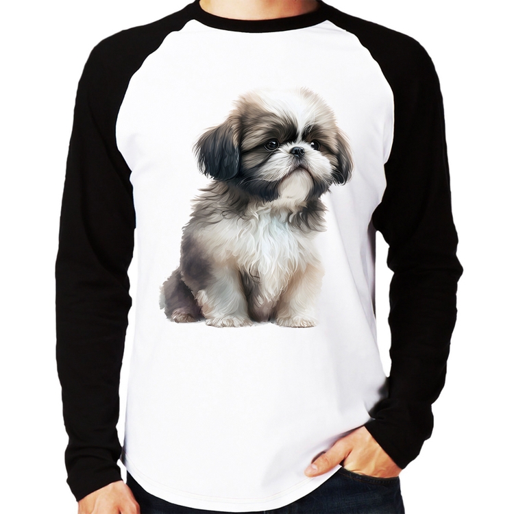 Camiseta Raglan Cachorro Shih Tzu Filhote Manga Longa