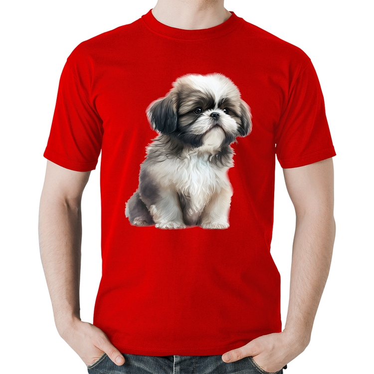 Camiseta Algodão Cachorro Shih Tzu Filhote - Vermelha