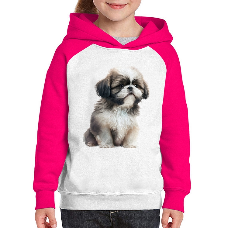 Moletom Infantil Cachorro Shih Tzu Filhote - Branco/Rosa
