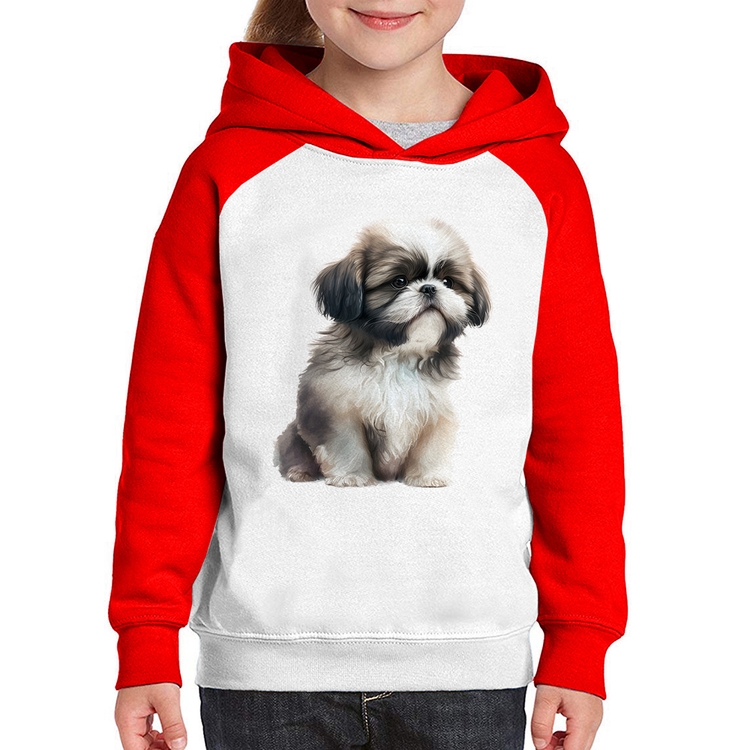 Moletom Infantil Cachorro Shih Tzu Filhote - Branco/Vermelho