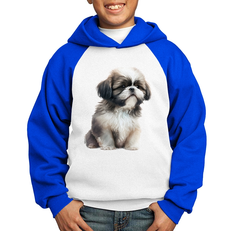 Moletom Infantil Cachorro Shih Tzu Filhote - Branco/Azul
