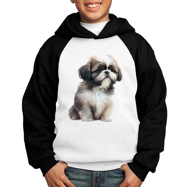 Moletom Infantil Cachorro Shih Tzu Filhote - Branco/Preto