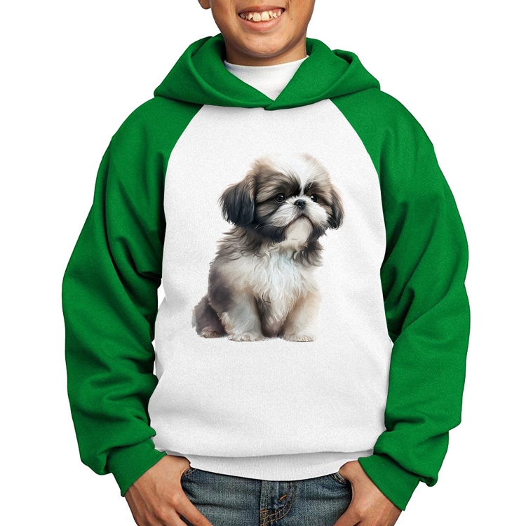 Moletom Infantil Cachorro Shih Tzu Filhote - Branco/Verde