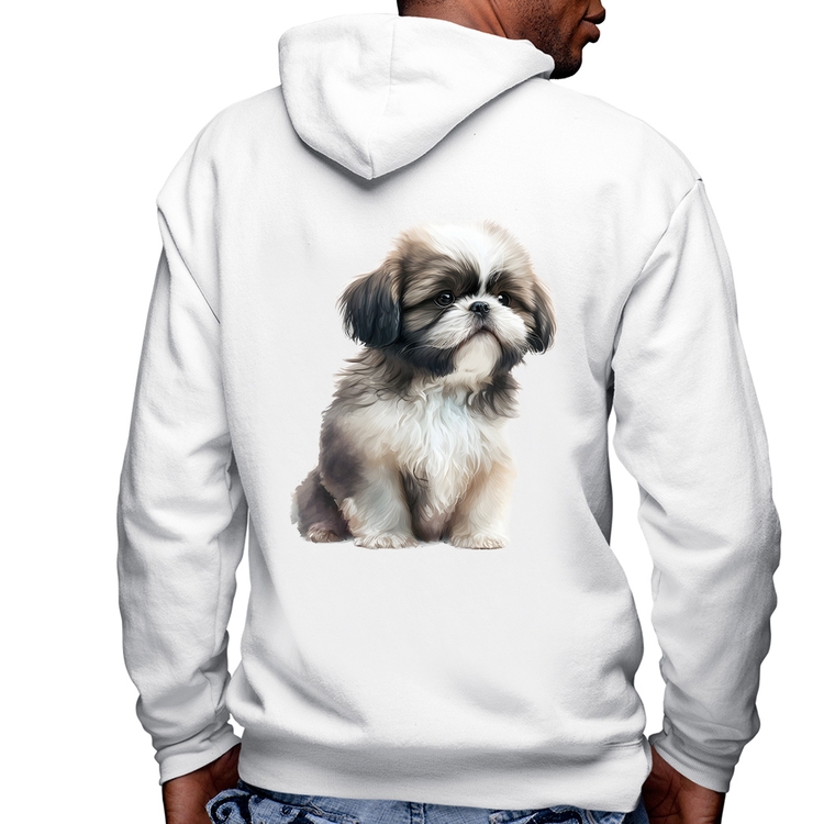 Blusa Moletom Cachorro Shih Tzu Filhote Masculina com Capuz e Zíper - Branca