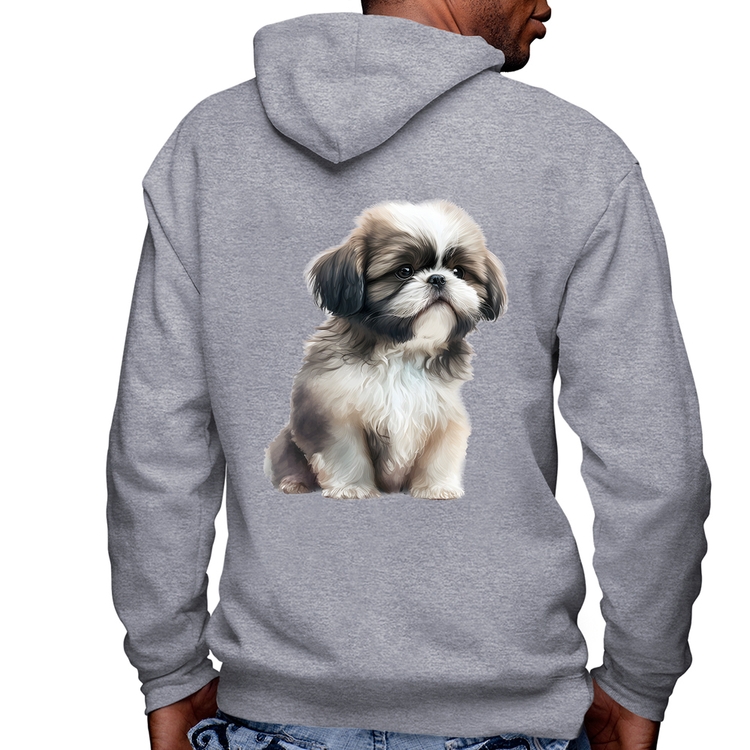 Blusa Moletom Cachorro Shih Tzu Filhote Masculina com Capuz e Zíper - Mescla