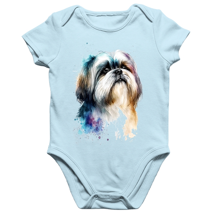 Body Bebê Algodão Cachorro Shih Tzu Watercolor - Azul Bebê