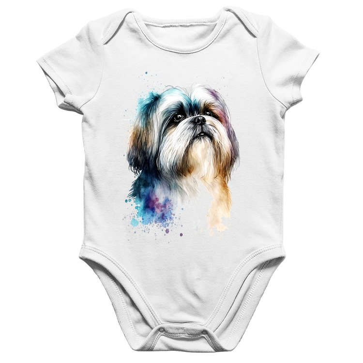 Body Bebê Algodão Cachorro Shih Tzu Watercolor - Branco