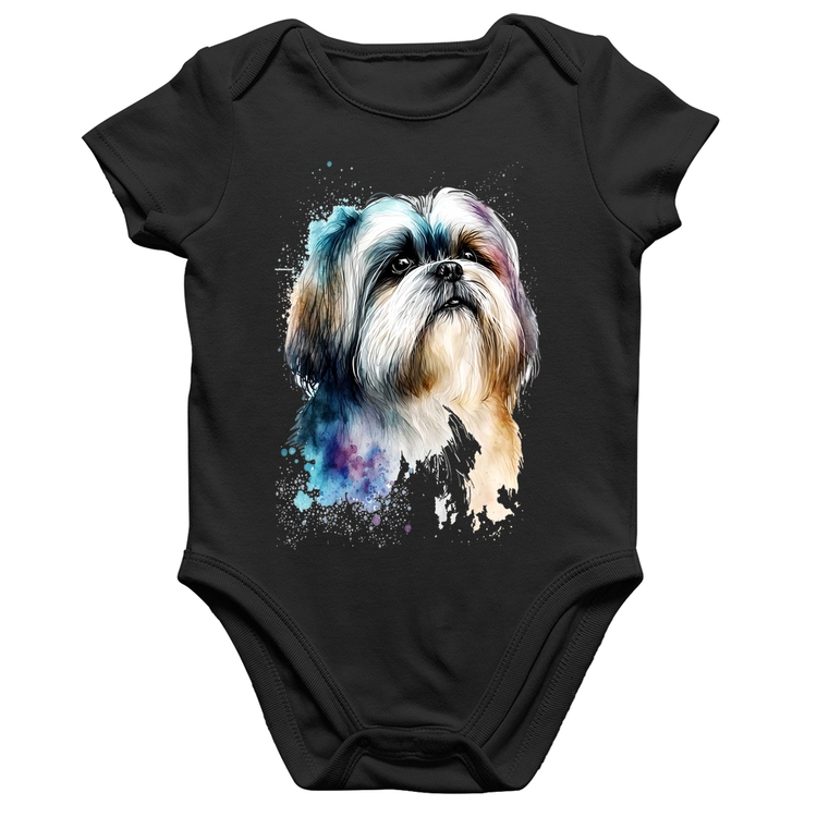 Body Bebê Algodão Cachorro Shih Tzu Watercolor