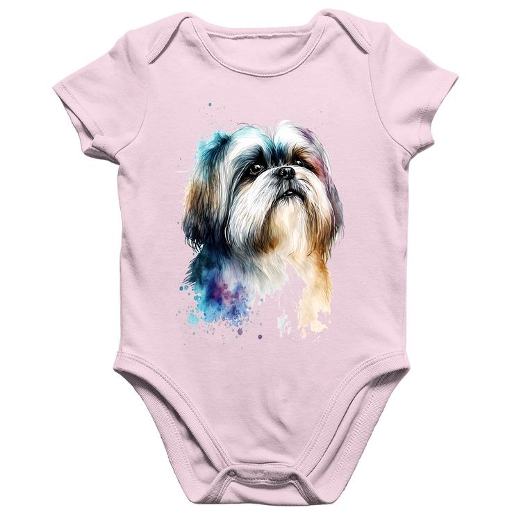 Body Bebê Algodão Cachorro Shih Tzu Watercolor - Rosa Bebê