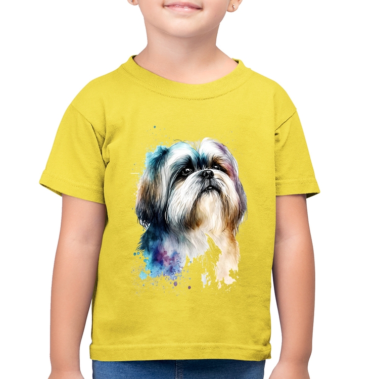 Camiseta Algodão Infantil Cachorro Shih Tzu Watercolor - Amarelo Canário