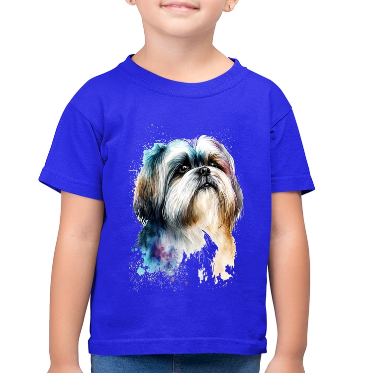 Camiseta Algodão Infantil Cachorro Shih Tzu Watercolor - Azul Royal