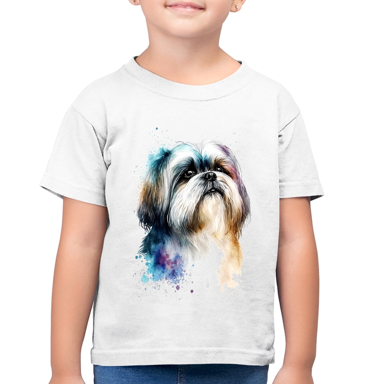 Camiseta Algodão Infantil Cachorro Shih Tzu Watercolor - Branca