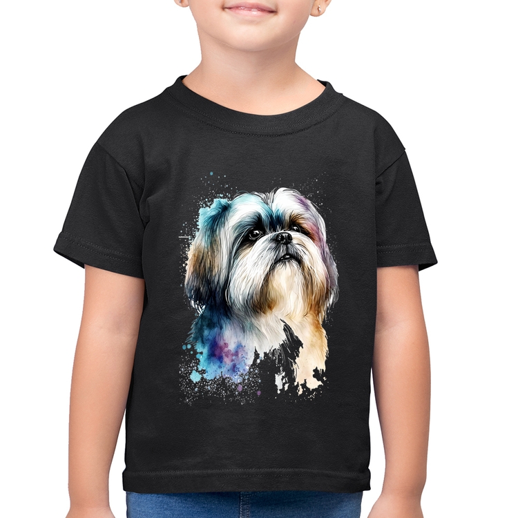 Camiseta Algodão Infantil Cachorro Shih Tzu Watercolor