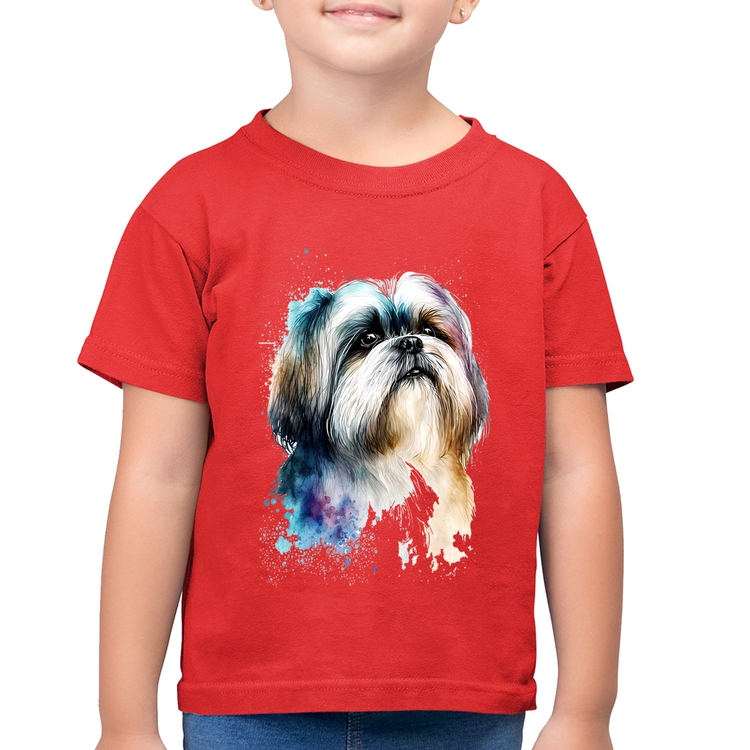 Camiseta Algodão Infantil Cachorro Shih Tzu Watercolor - Vermelha