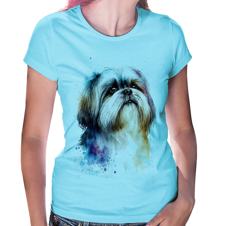 Baby Look Cachorro Shih Tzu Watercolor - Azul Bebê