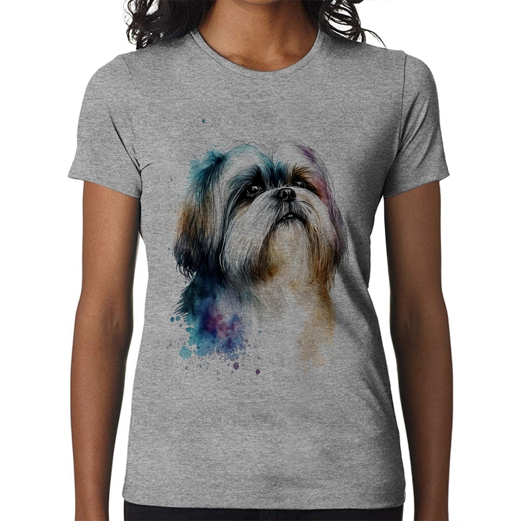 Baby Look Cachorro Shih Tzu Watercolor - Cinza