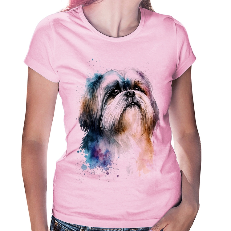Baby Look Cachorro Shih Tzu Watercolor - Rosa Bebê