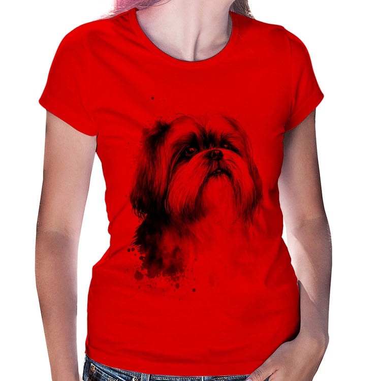 Baby Look Cachorro Shih Tzu Watercolor - Vermelha