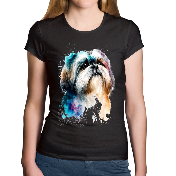 Baby Look Algodão Cachorro Shih Tzu Watercolor