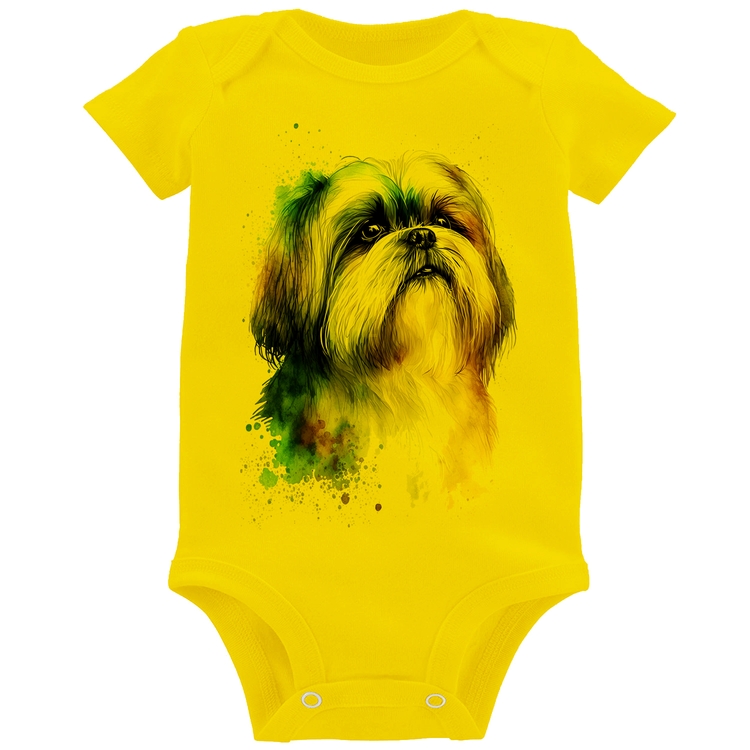 Body Bebê Cachorro Shih Tzu Watercolor - Amarelo